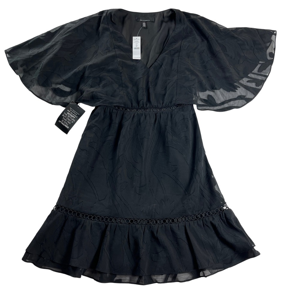 WHBM Black Chiffon Flutter Sleeve Mini Dress Petite 8 NWT